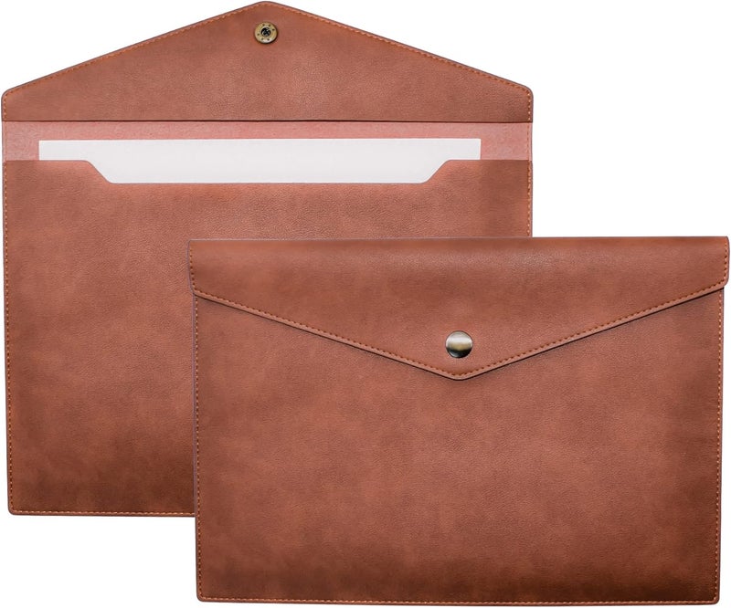 VANRA 1 Piece PU Leather File Folders A4 Document Holder File Envelope Waterproof Portfolio Filing File Organizer for Letter Size with Snap Button Closure, Brown - Image 1
